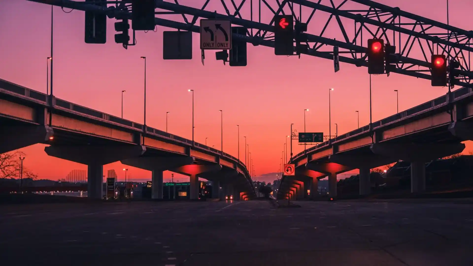 Omaha Sunset Behind Traffic Lights