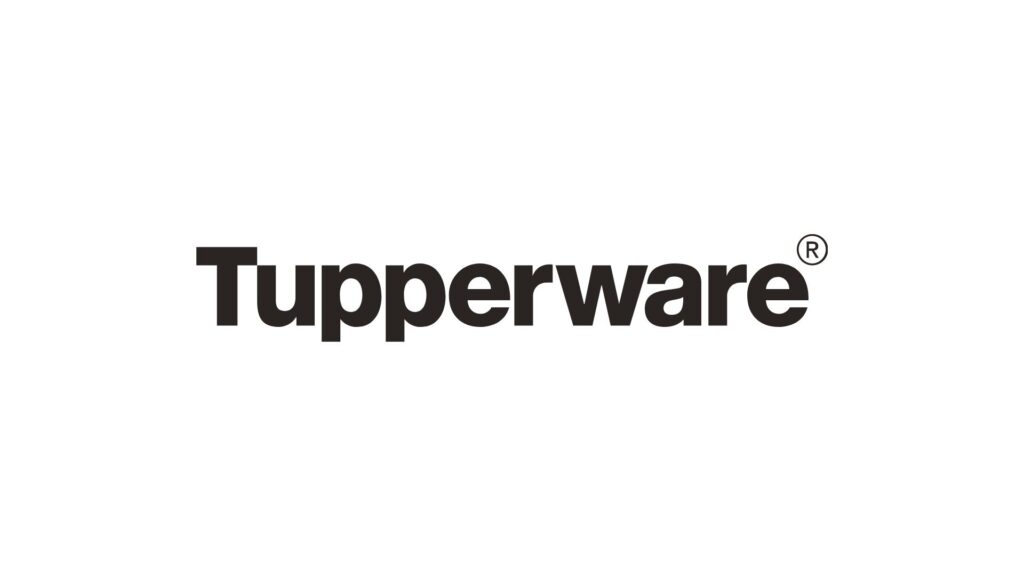 A close-up of the black Tupperware logo.