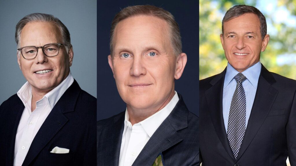 Side by side headshots of David Zaslav, Eric Shanks, and Bob Iger