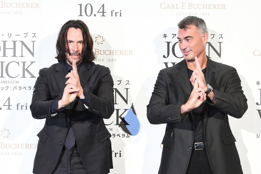 Reeves and Stahelski posing at a promotional event for John Wick