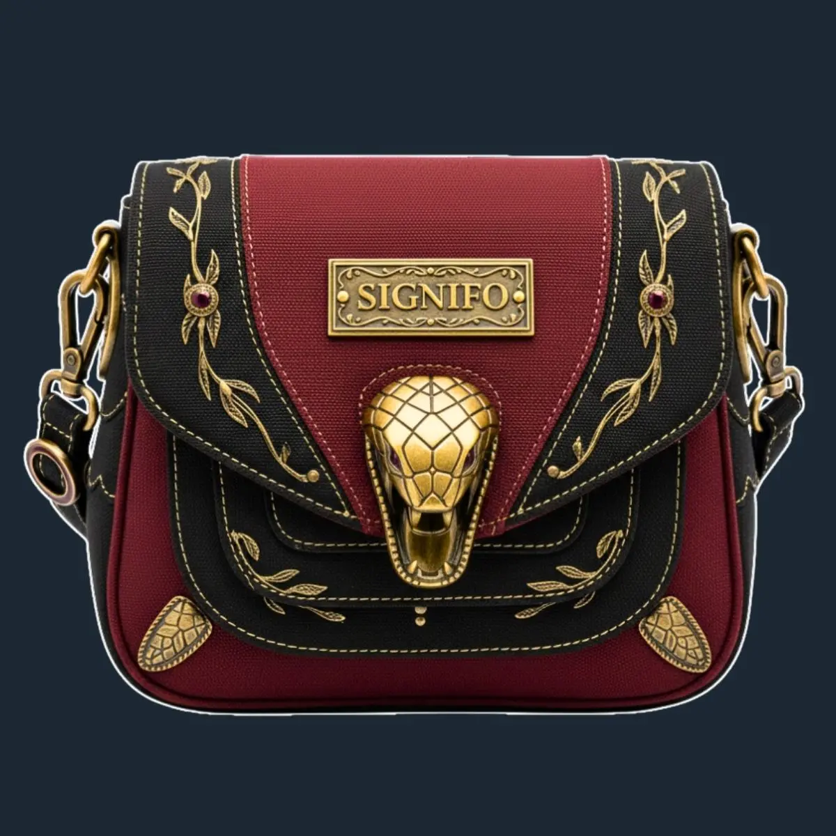 Tampilan depan tas Basilisk's Embrace warna merah anggur dan hitam dengan ornamen emas.