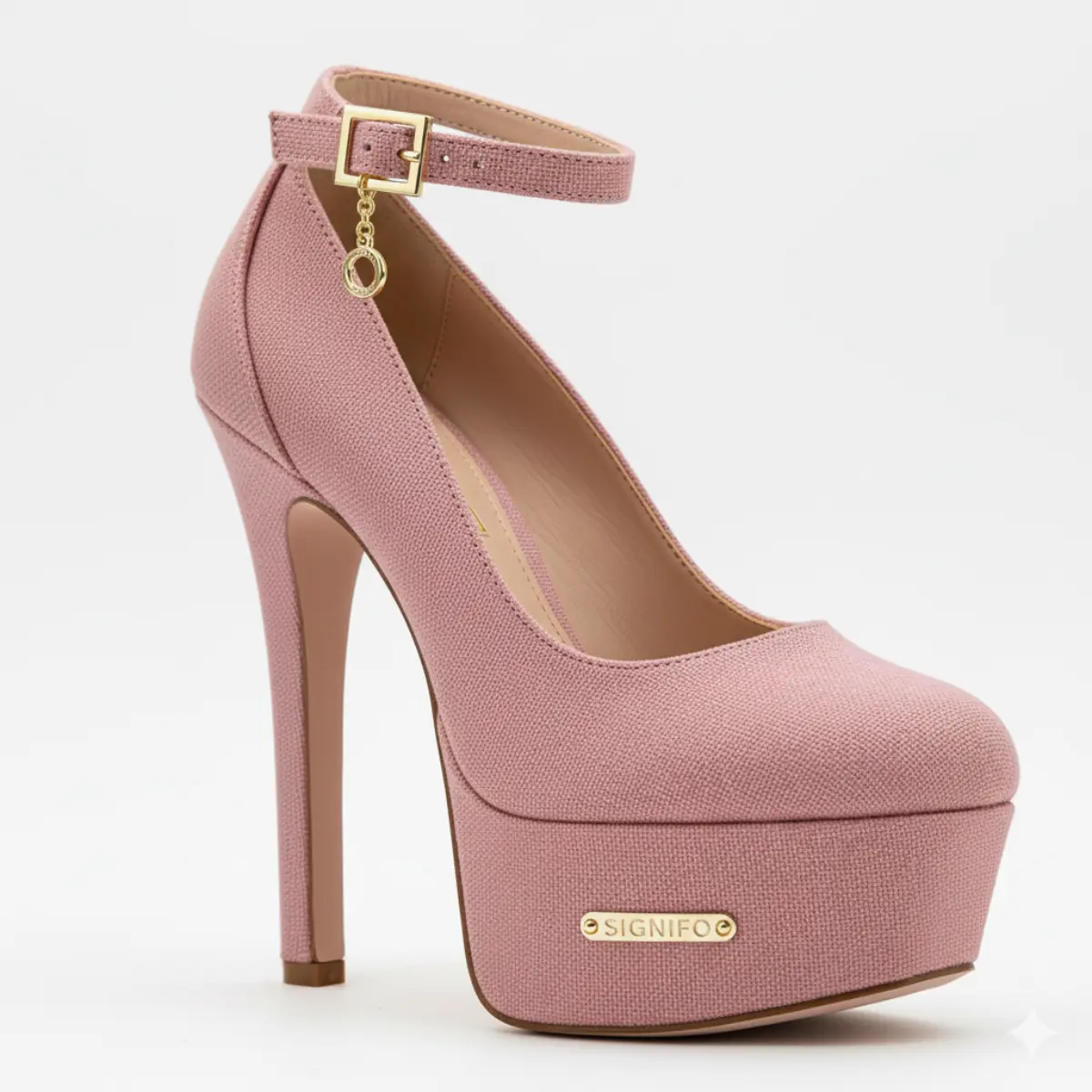 Sepatu hak tinggi platform warna rose pink tekstur kanvas