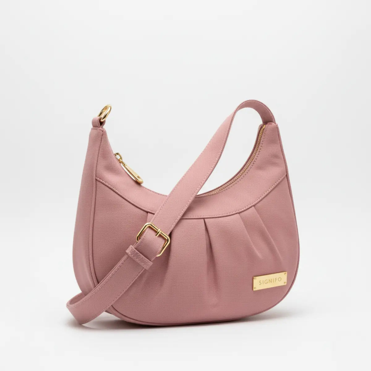Tas bahu model crescent warna rose pink dari bahan kanvas polyester