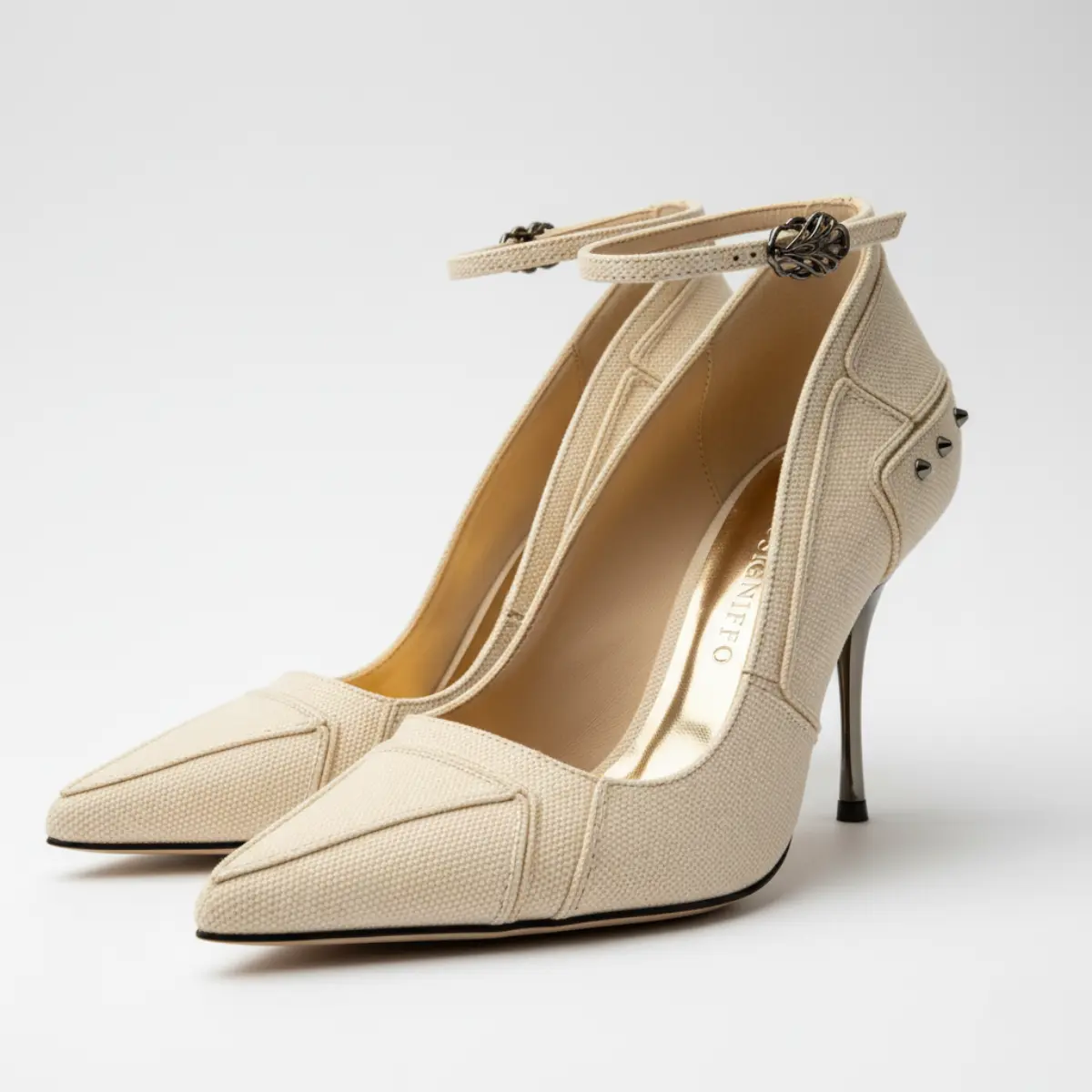 Sepatu hak tinggi wanita bahan kanvas warna light mocha