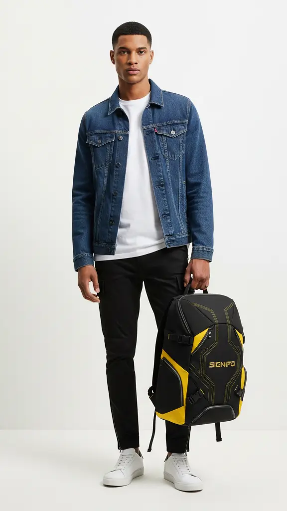 Model pria menggendong tas ransel hitam kuning bergaya urban