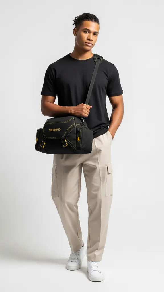 Model membawa gym bag hitam dengan tali kuning yang sporty