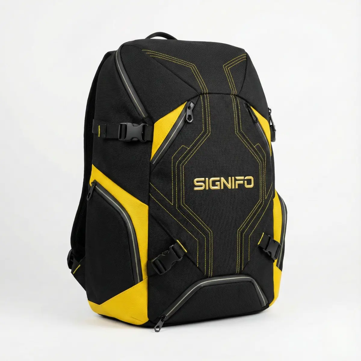 Detail tas ransel kanvas polyester kombinasi hitam dan kuning