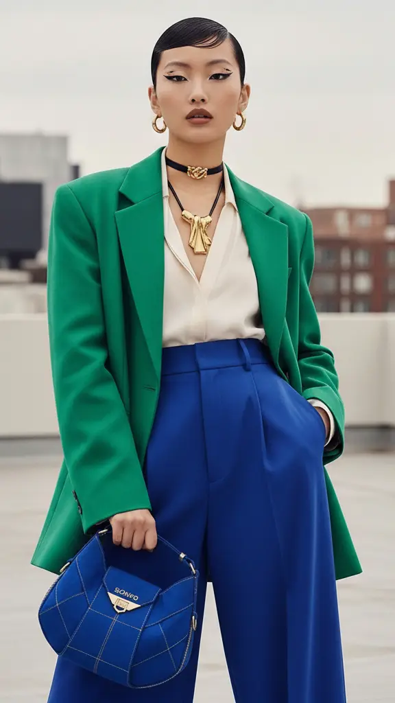 Model wanita dengan blazer hijau dan tas tangan geometris royal blue berbahan kanvas