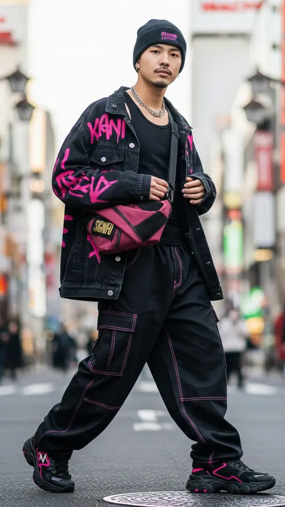 Model pria gaya streetwear dengan jaket hitam grafiti pink dan tas selempang kanvas SIGNIFO