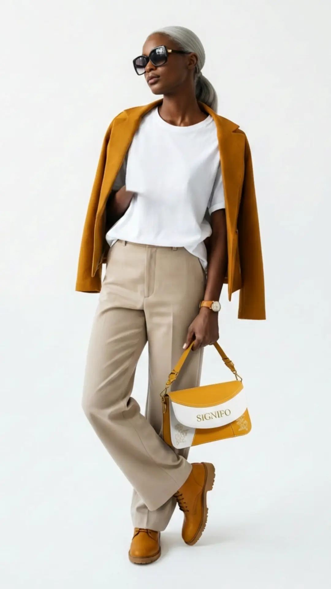 Model wanita mengenakan tas marigold yellow dengan busana kasual elegan