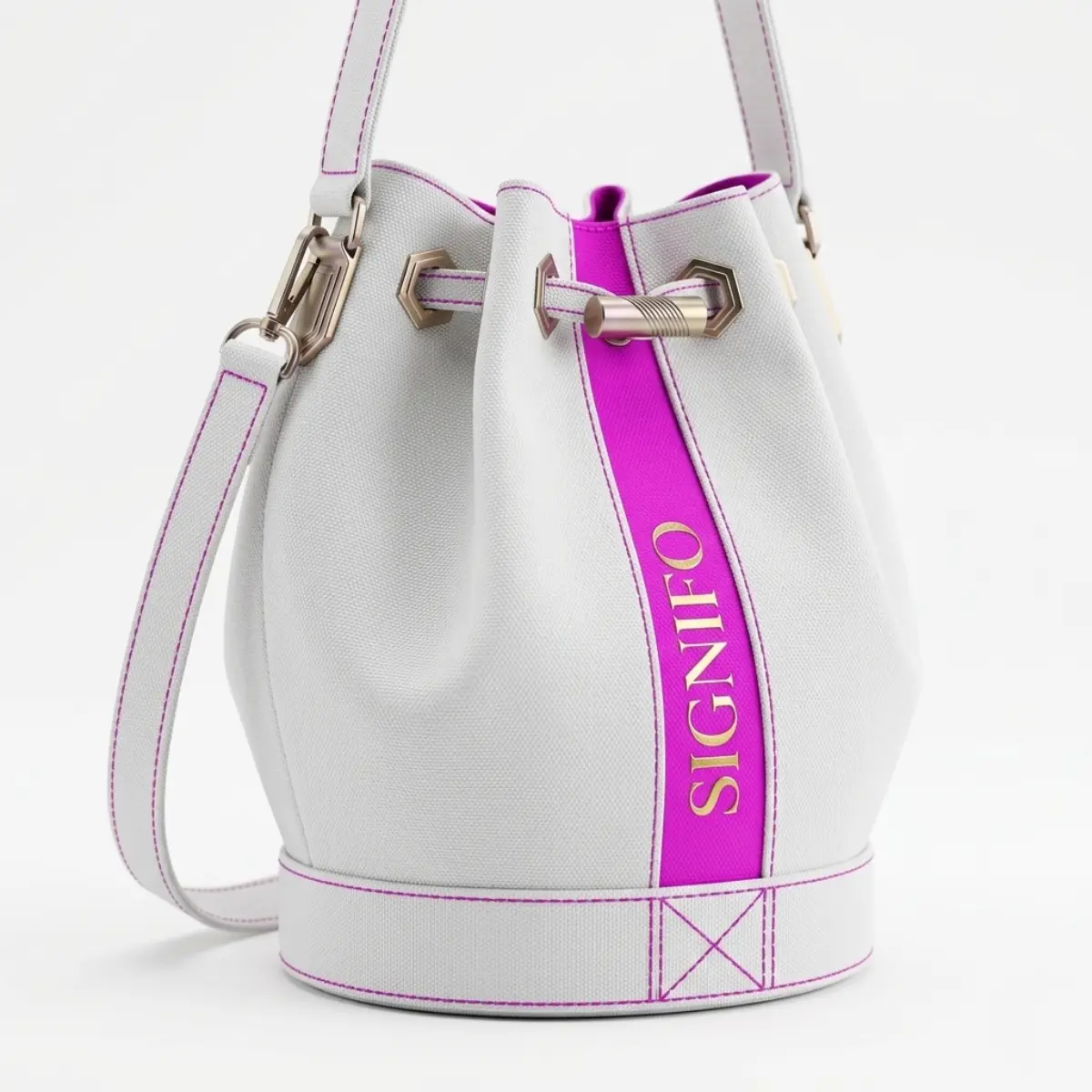Tas bucket bag modern warna putih dengan tali raspberry