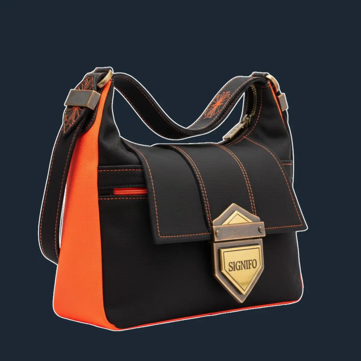 Tas hobo hitam dengan panel oranye neon dan gesper kuningan.