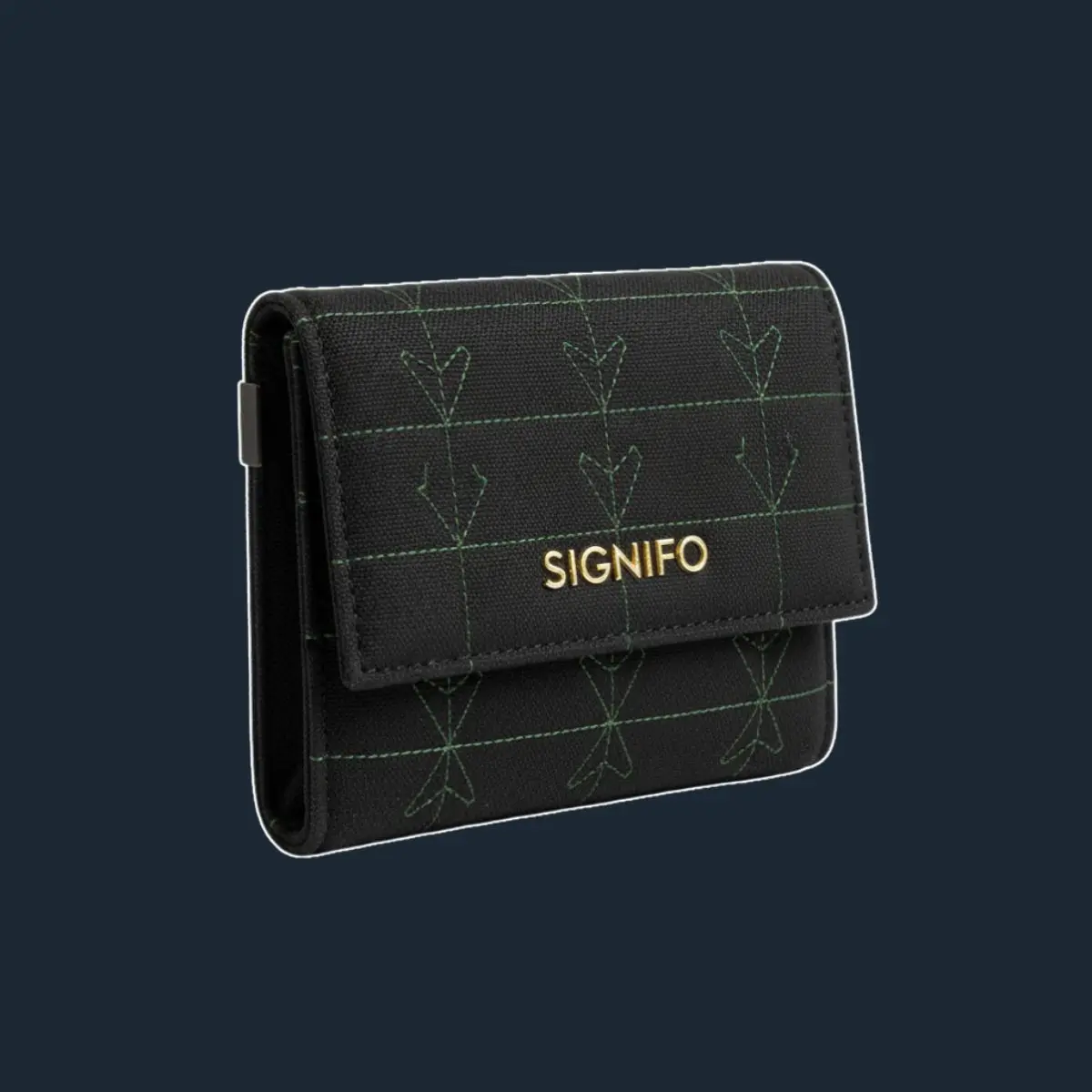 Dompet lipat hitam dengan jahitan neon hijau kotak-panah.