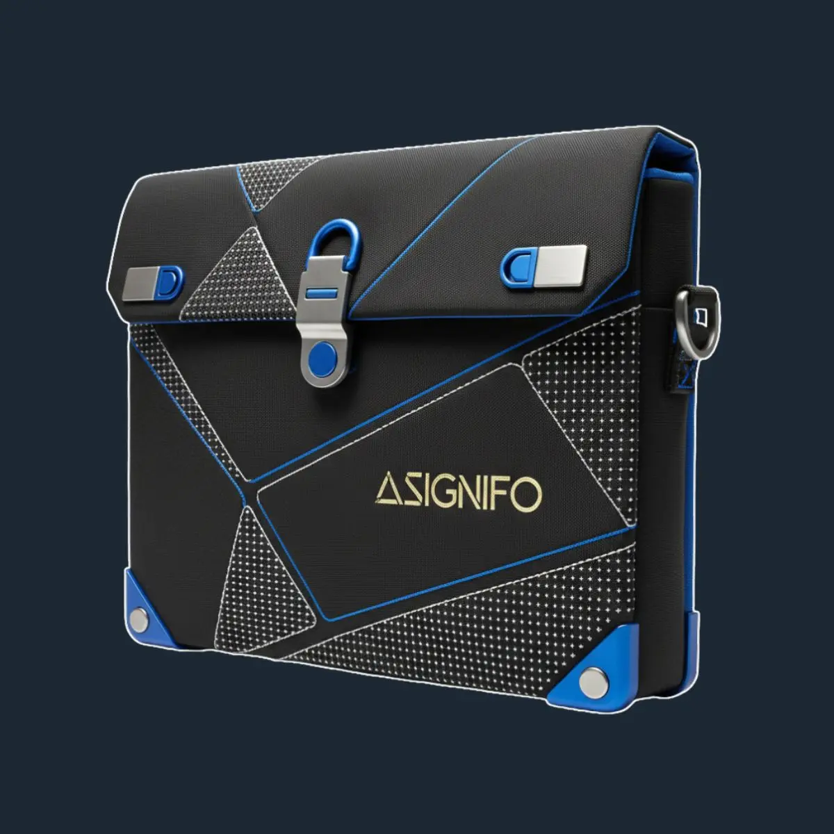 Tas kurir hitam motif dot matrix dengan aksen biru elektrik.