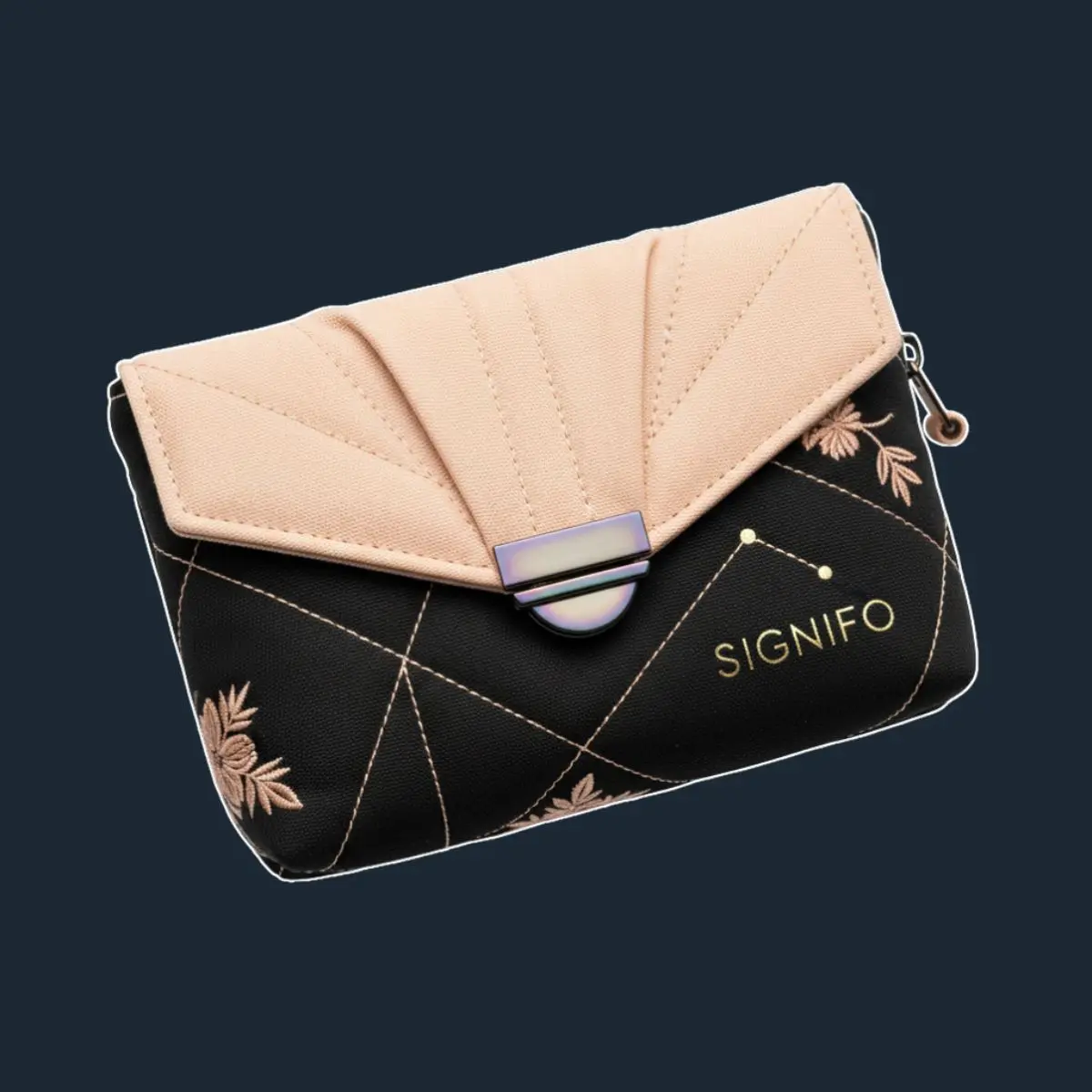 Dompet lipat hitam dengan flap pink muda dan bordir melati.