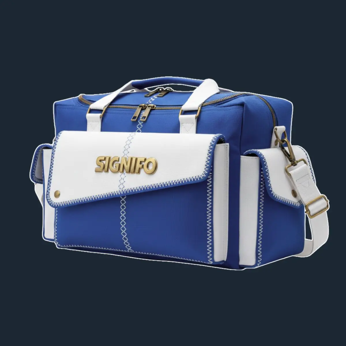 Duffel royal blue dengan panel putih dan flap jahitan zig-zag.