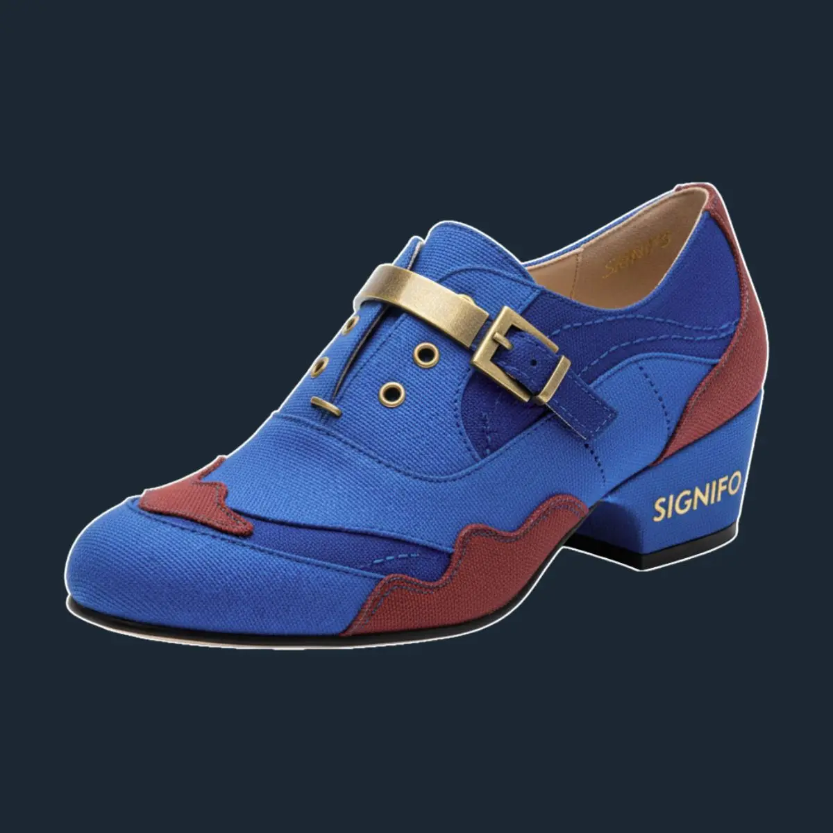 Sepatu Mary Jane royal blue dengan aksen maroon dan gesper emas.