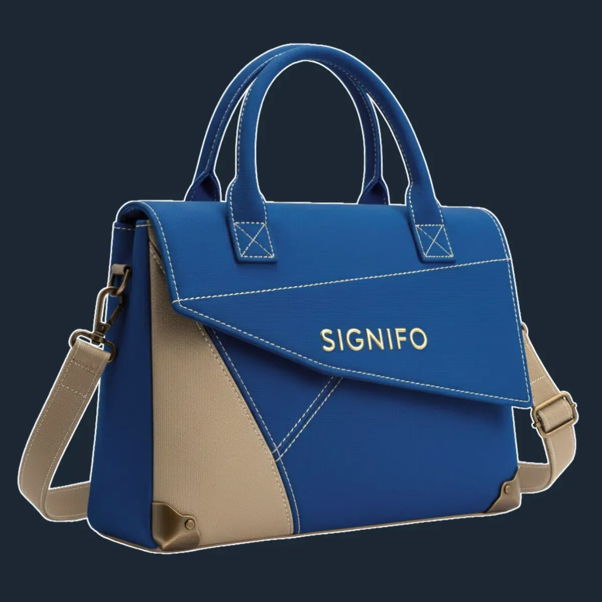 Tas tangan struktural royal blue dengan panel beige dan plat kuningan.