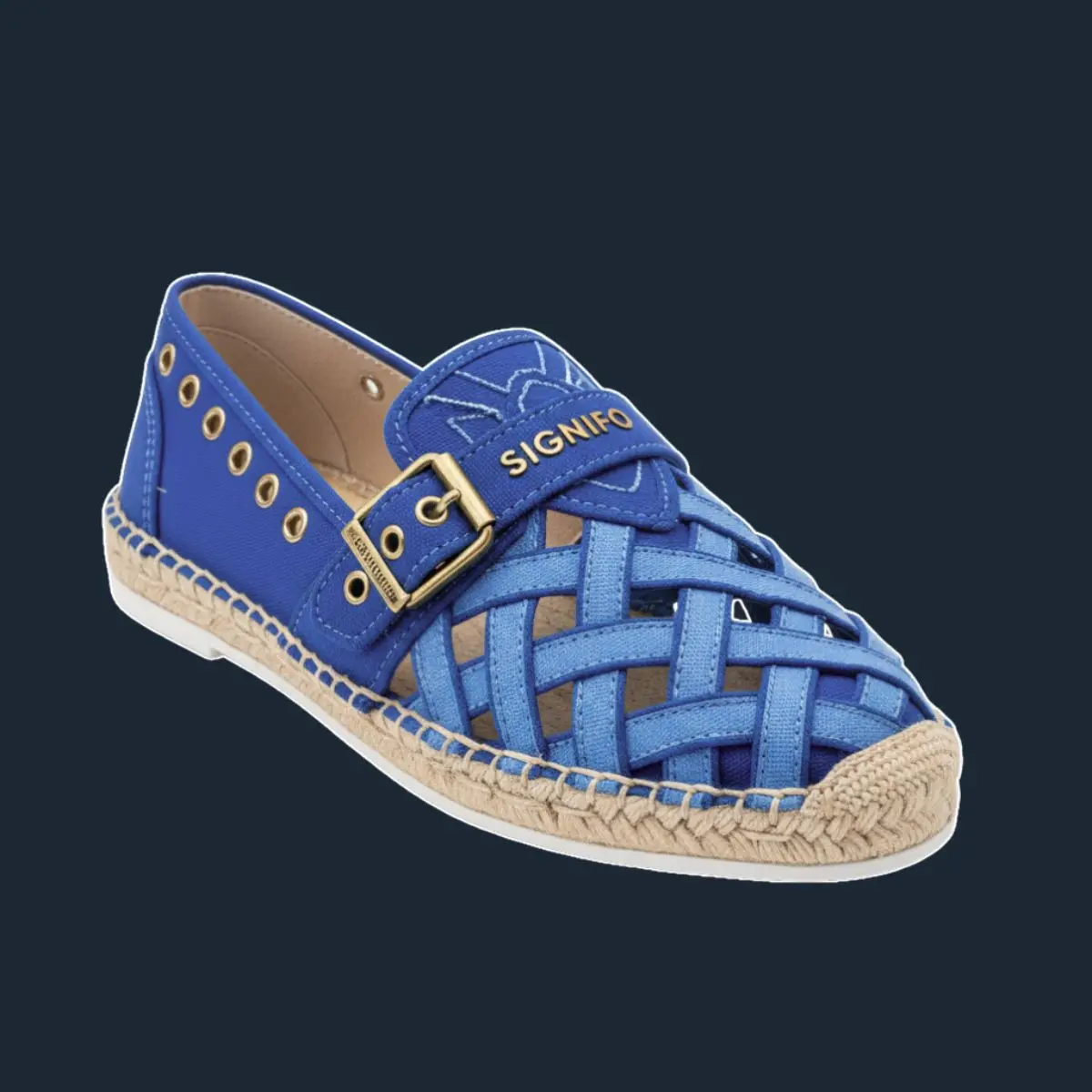 Espadrille tenun royal blue dengan sol rami dan gesper kuningan.