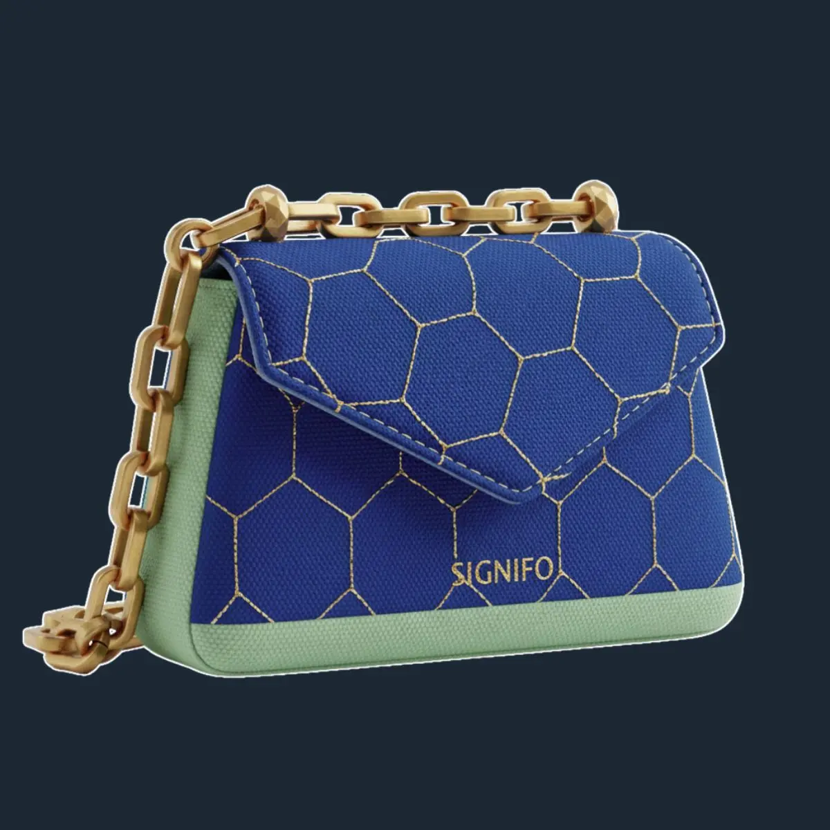 Tas mini royal blue dengan panel mint, pola heksagon, dan rantai emas.