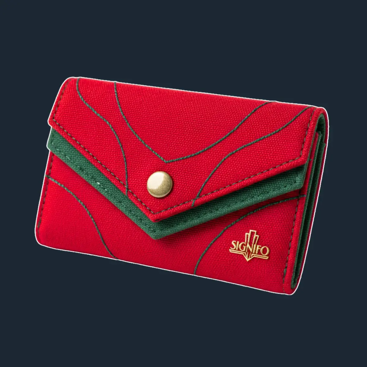 Dompet kartu/koin merah dengan lipatan desain hijau, kancing emas, dan pin logo SIGNIFO.