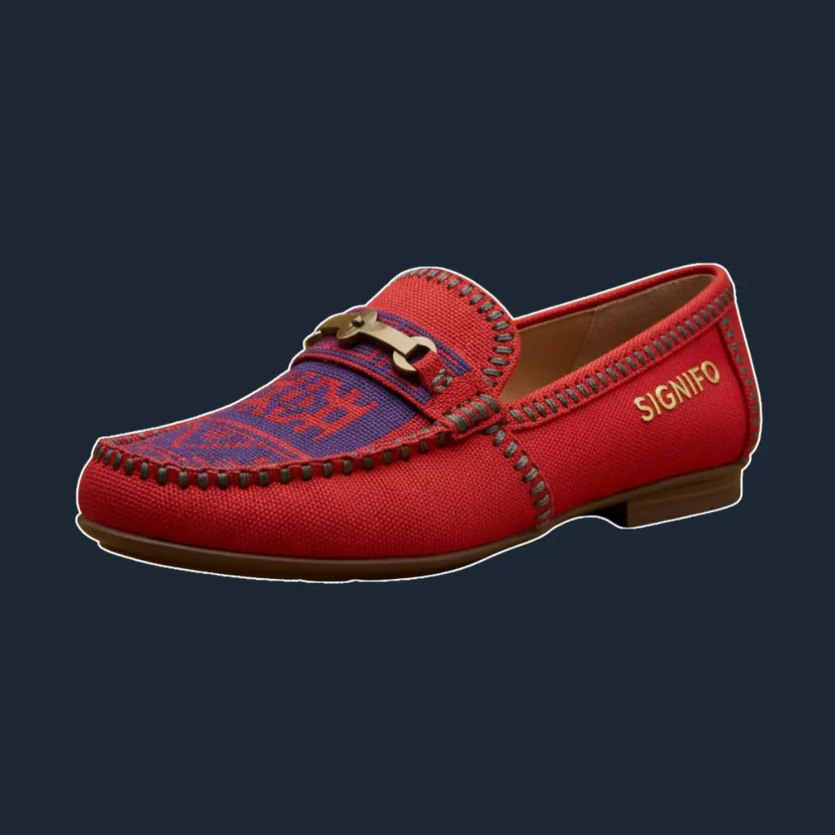 Satchel kecil cardinal dengan bordir gelombang biru dan gesper emas.