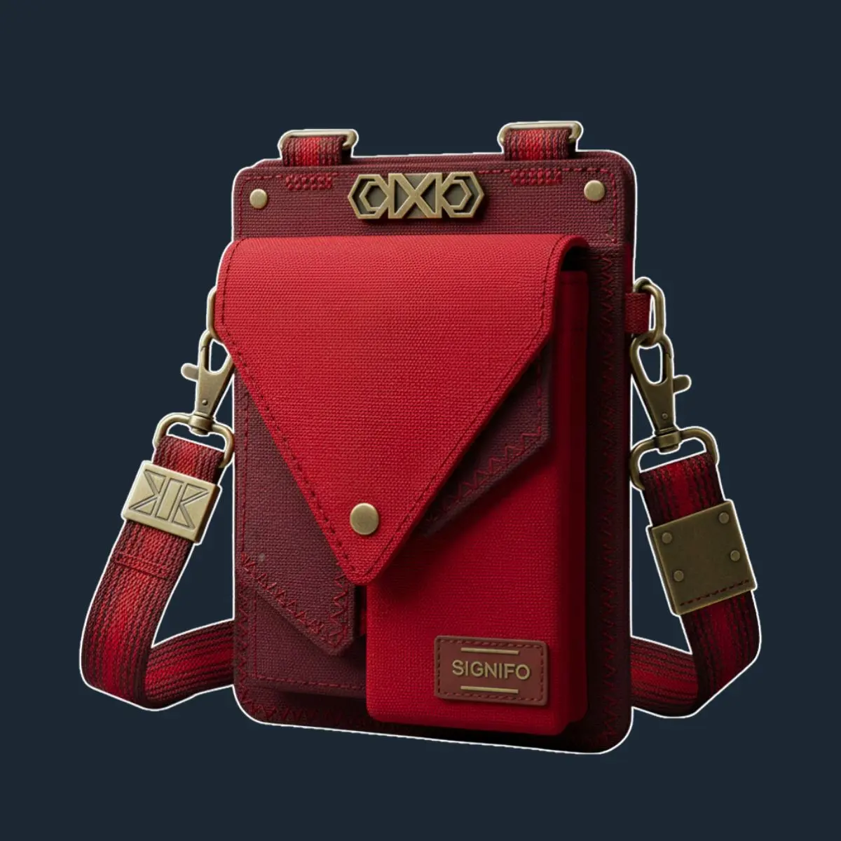 Tas half-moon cardinal dengan bordir spiral dan pegangan kayu.