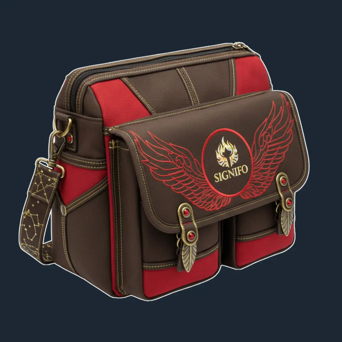 Tas messenger cokelat-merah Signifo dengan bordir sayap merah.