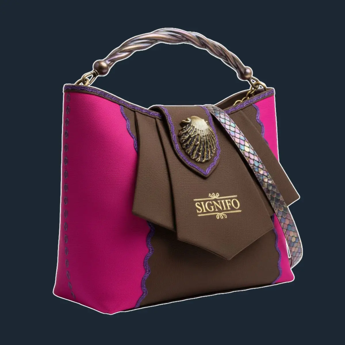 Tas half-moon cokelat dengan bordir kerang dan charm mutiara