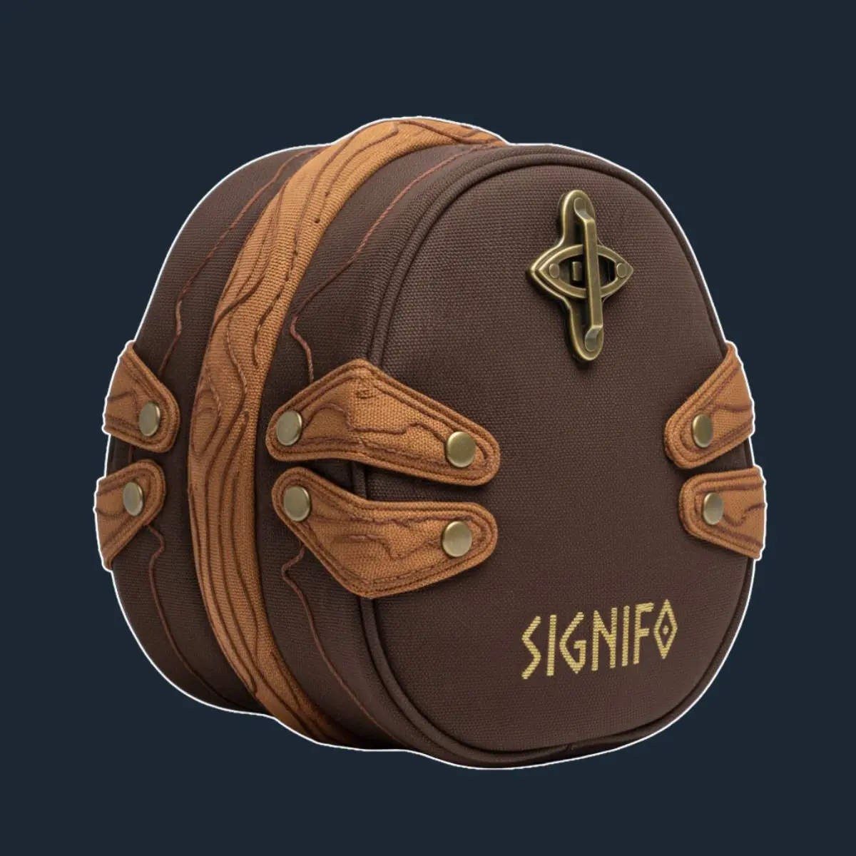 Tas bundar cokelat Signifo dengan detail kayu dan jepitan logam.