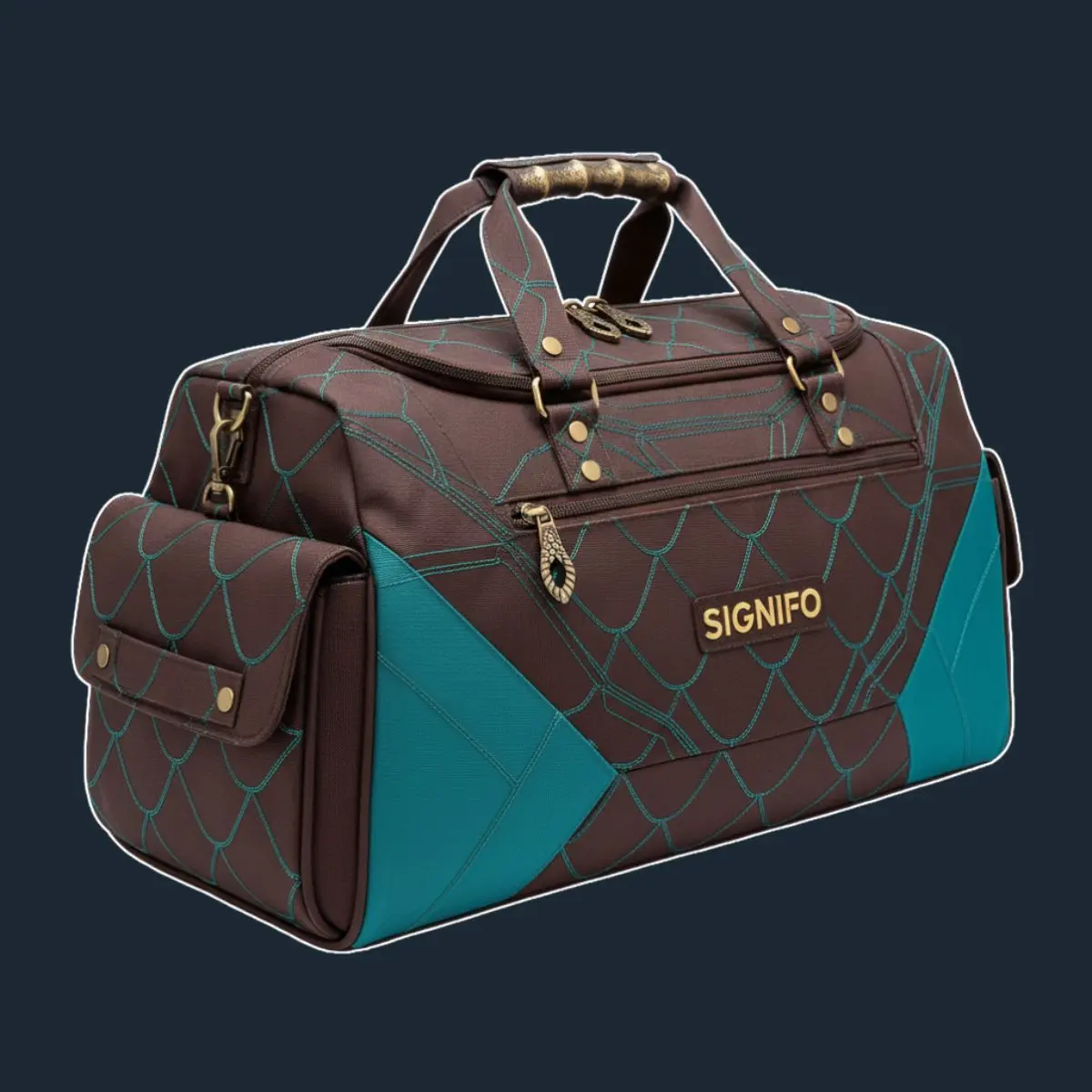 Tas duffel cokelat Signifo dengan pola jaring laba-laba biru-hijau.