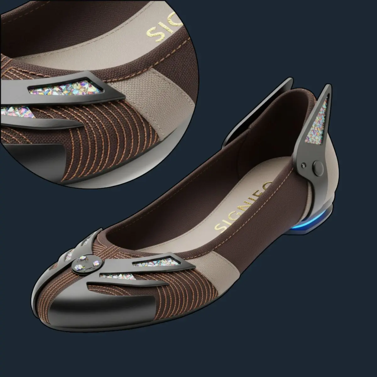 Flat futuristik cokelat-beige dengan aksen kristal dan lampu biru di tumit