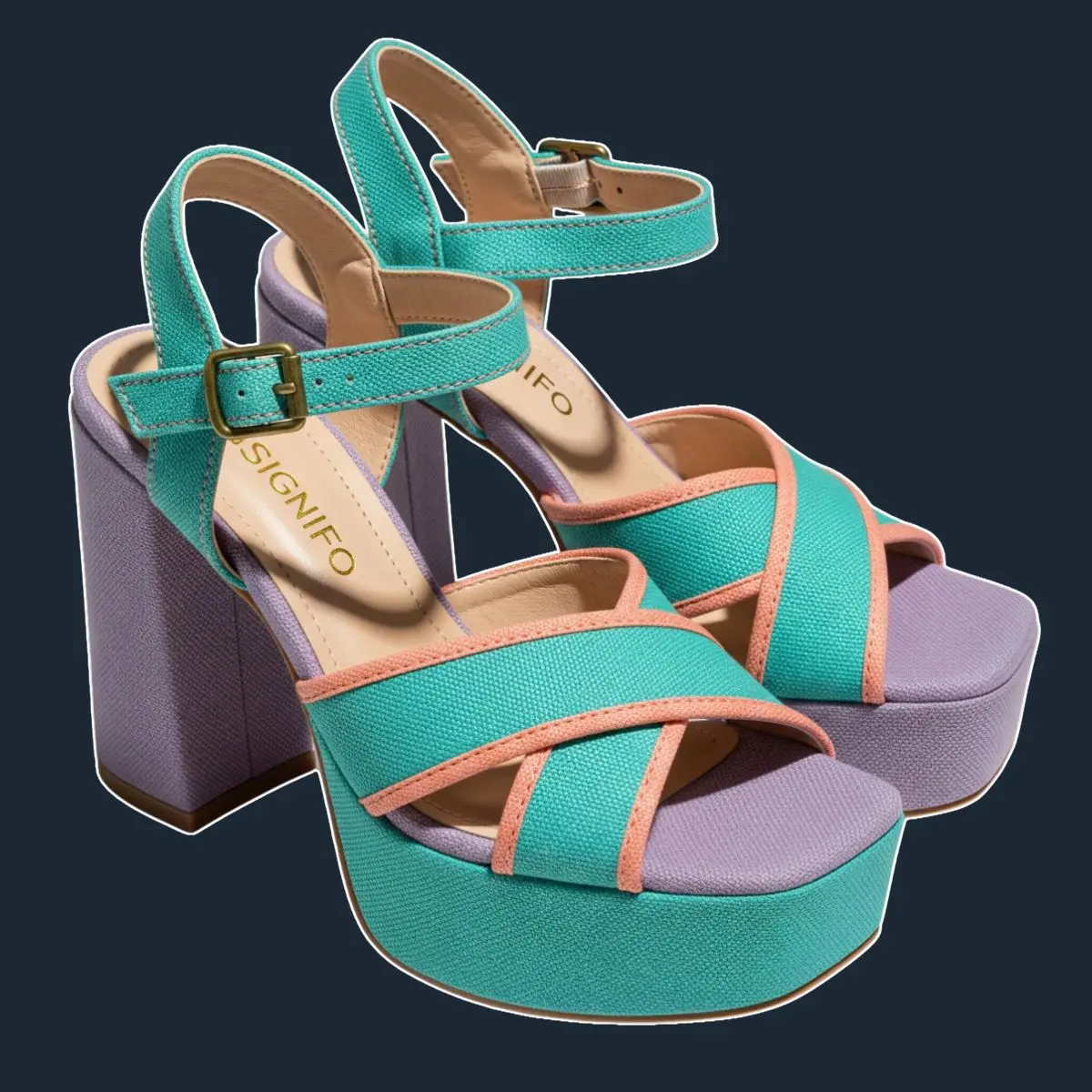 Sepatu hak platform teal-ungu Signifo dengan tali silang.