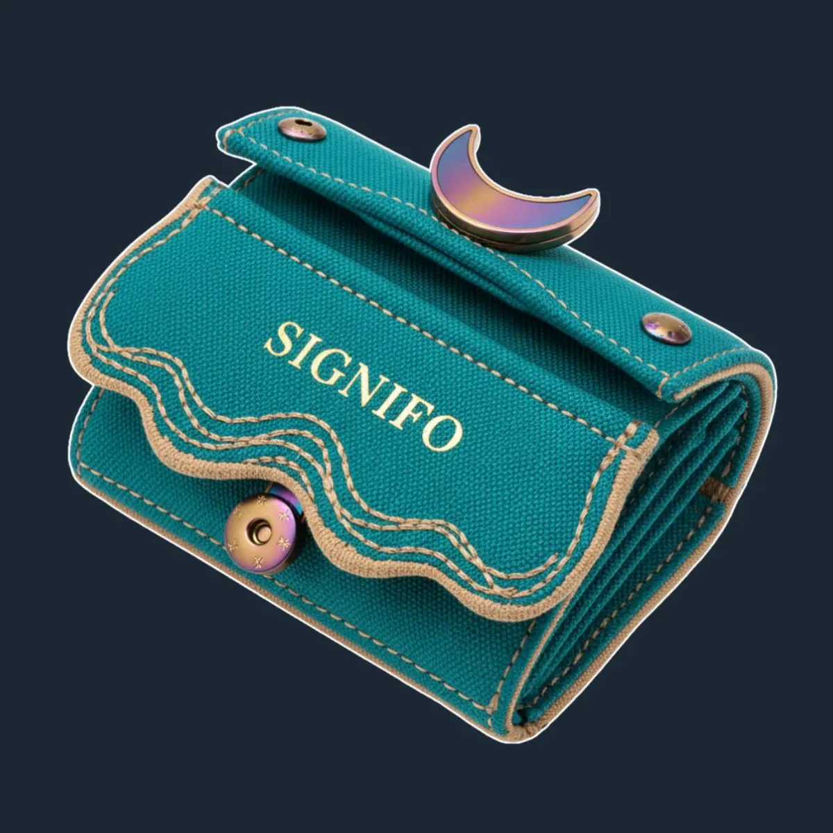 Dompet lipat Oasis Drommar Tropical Teal dengan jahitan krem.