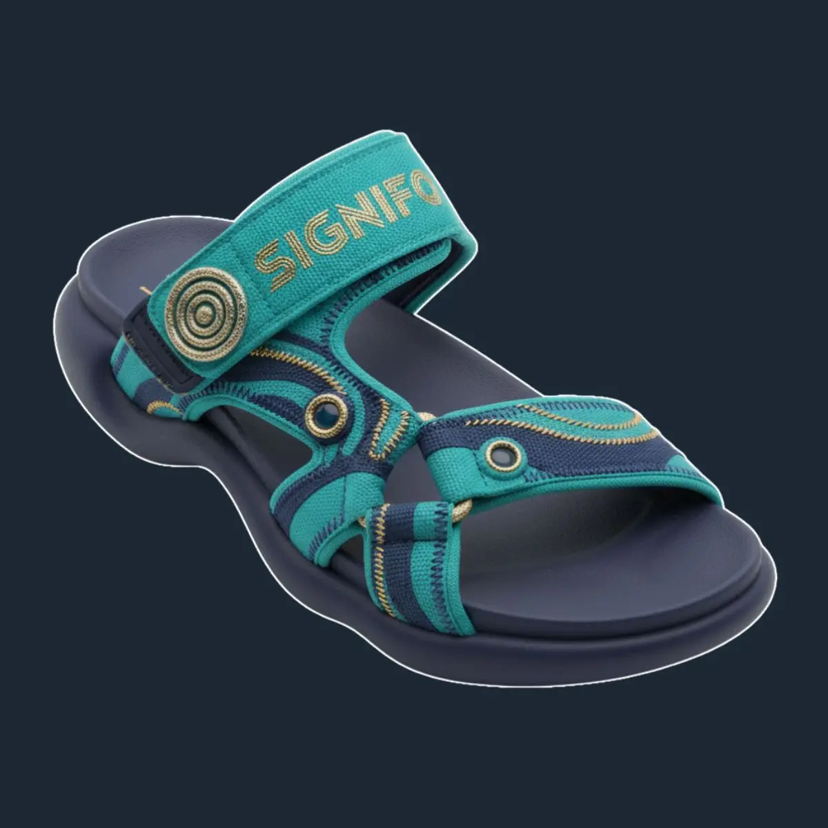 Sandal Simhae Sin Ui Pado Tropical Teal dengan bordir emas.