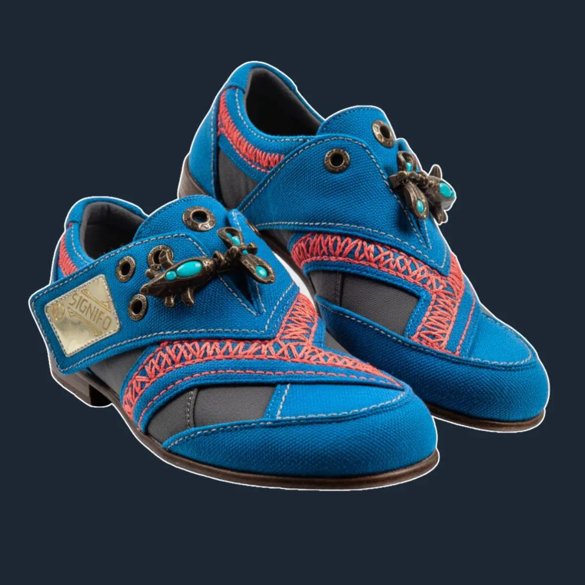 Sepatu datar Azure Blue dengan jahitan oranye