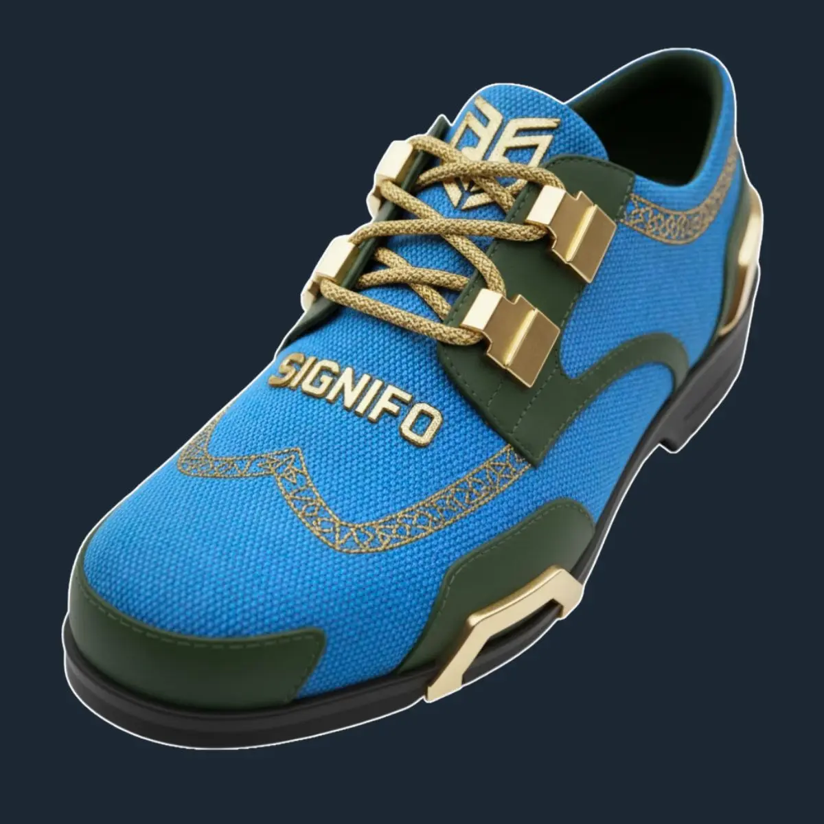 Sepatu Azure Blue dengan aksen kulit hijau