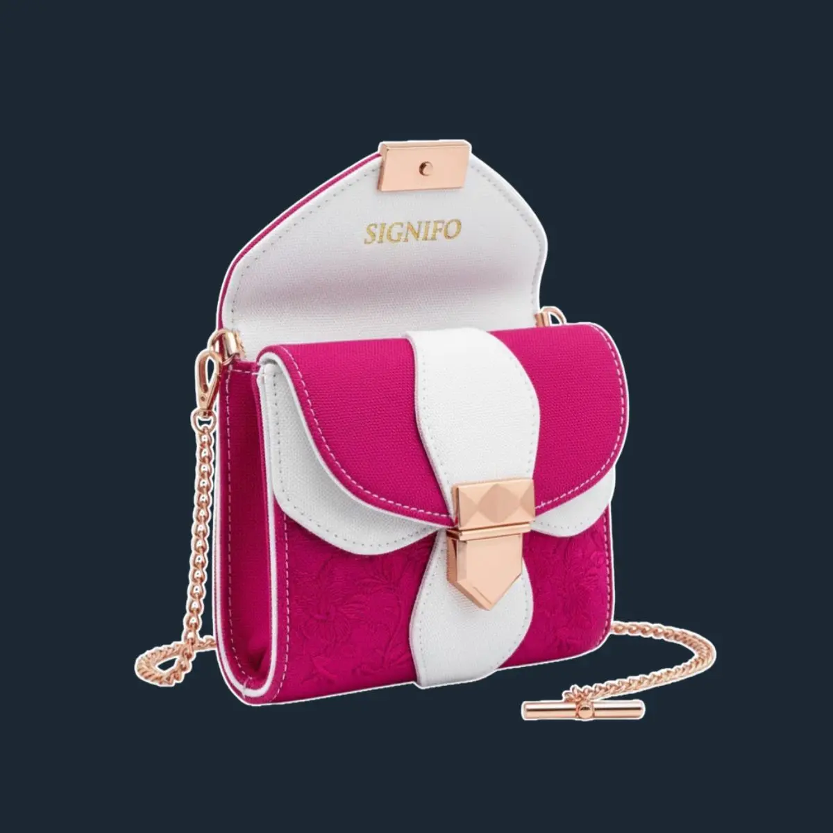 Tas selempang mini Signifo fuchsia-putih dengan rantai emas mawar.
