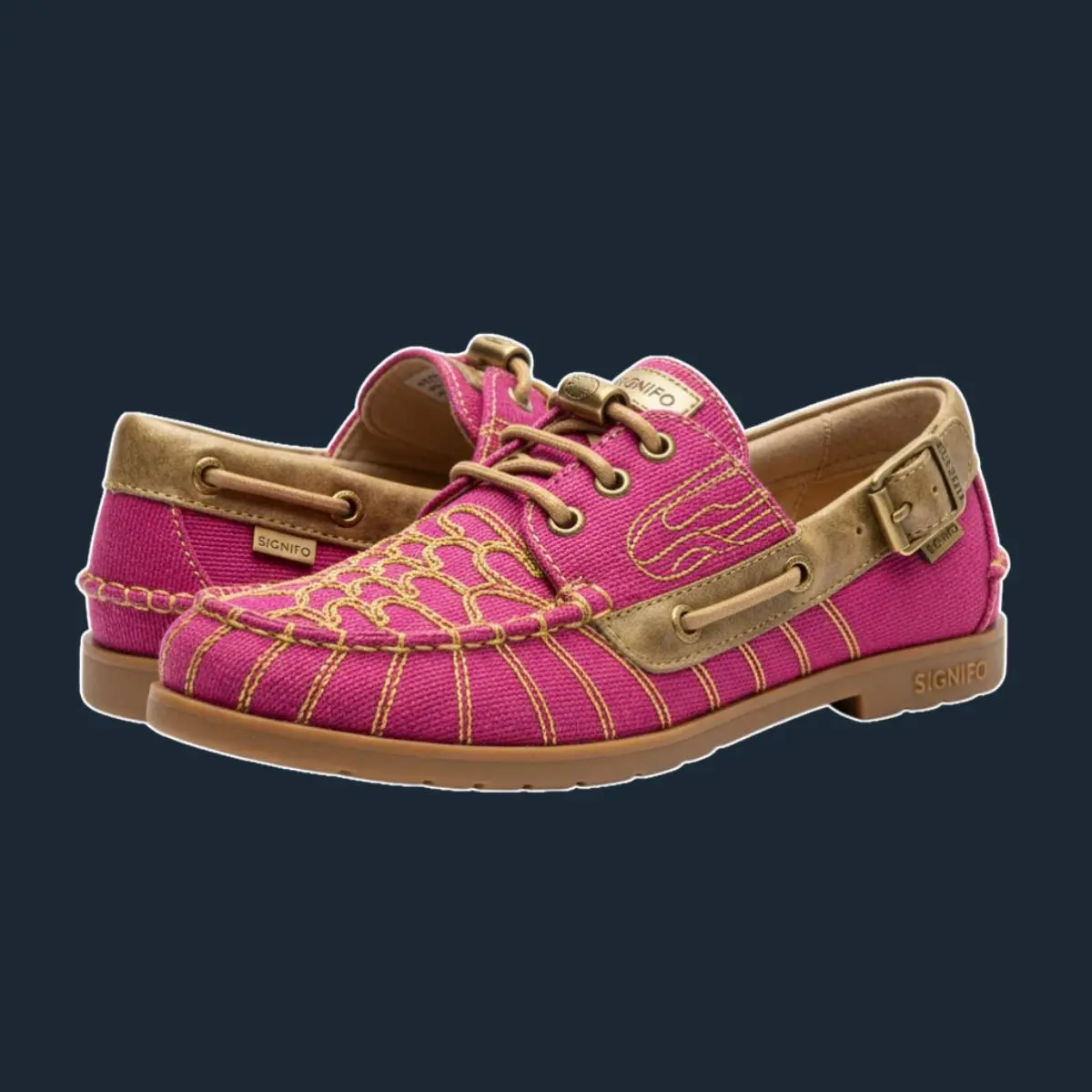 Sepasang sepatu dek fuchsia Signifo dengan bordir emas.