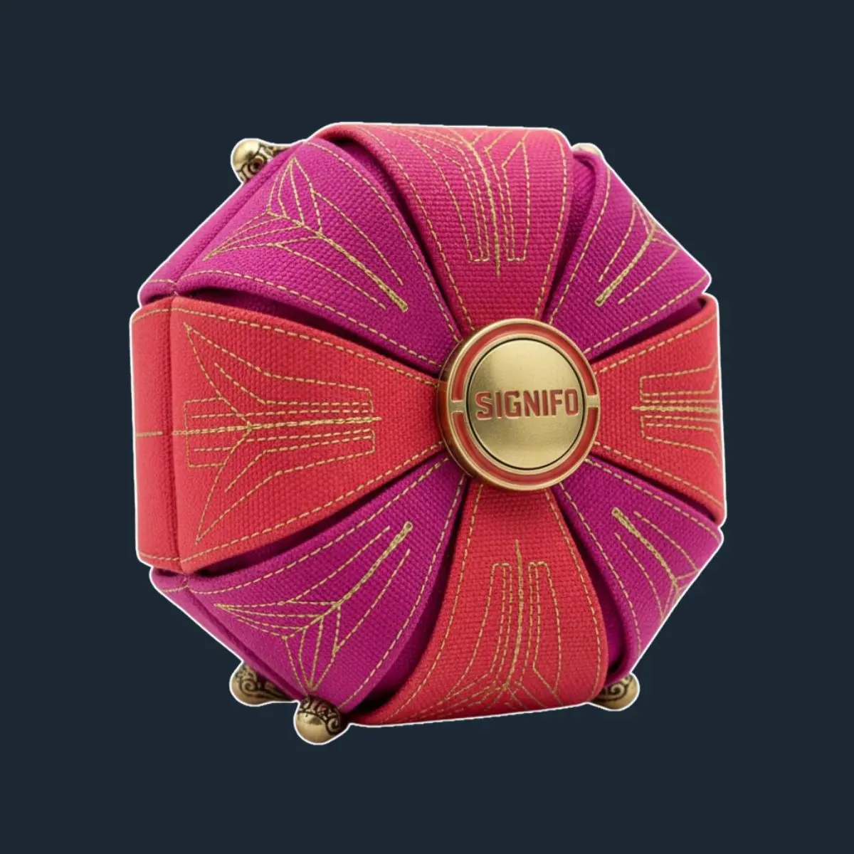 Tas lipat segi delapan fuchsia-merah Signifo dengan pola emas.