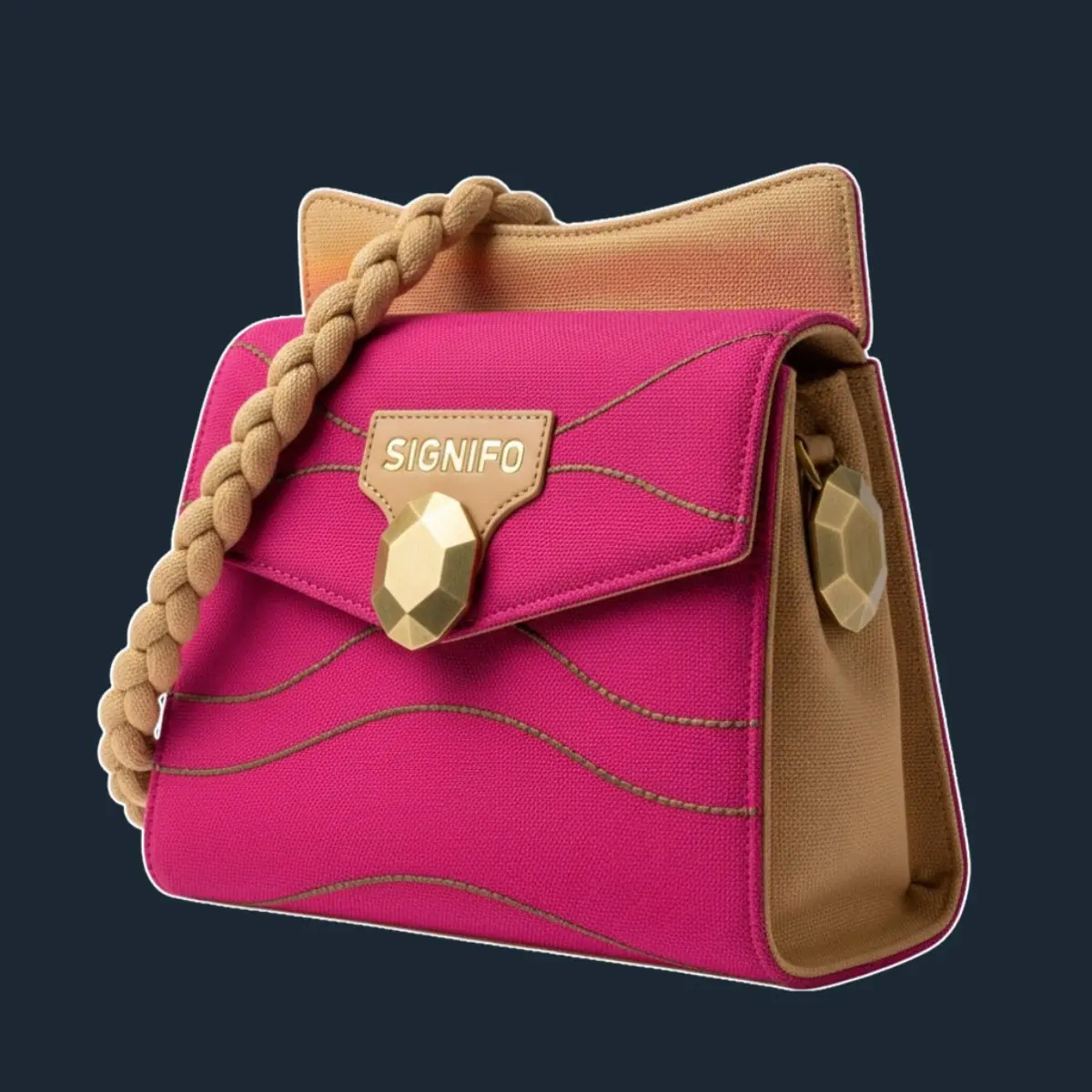 Tas selempang Signifo fuchsia-cokelat dengan tali dikepang.