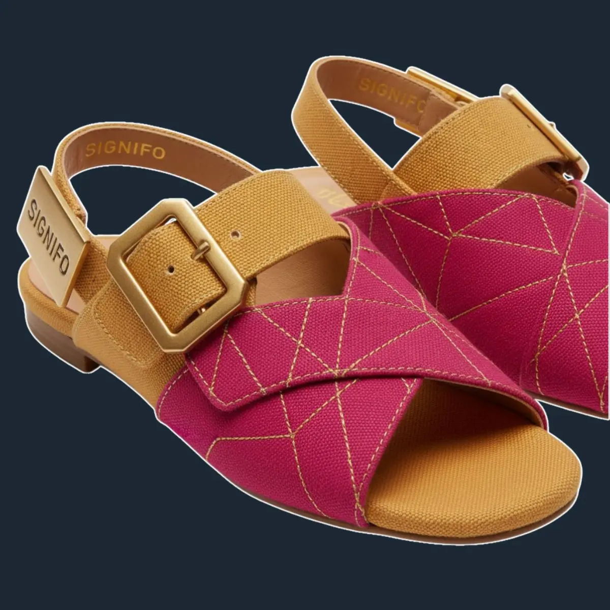Sandal Vuurengoud Raspberry Red bertali emas mengilap.