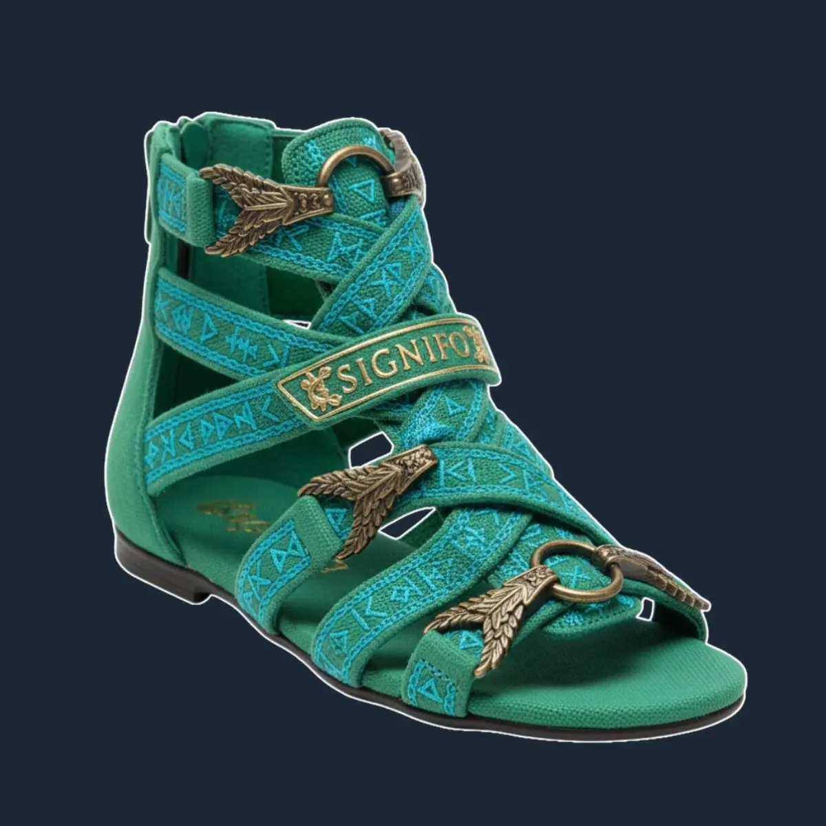 Sandal gladiator hijau Signifo dengan tali berpola dan hiasan daun.