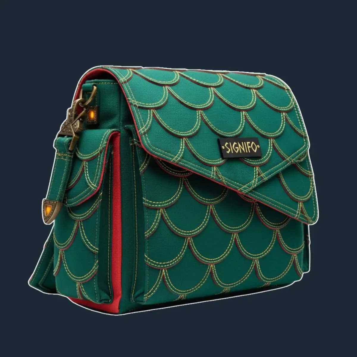 Tas selempang Fei Cui Long Lin Turquoise Green bersulam naga emas.