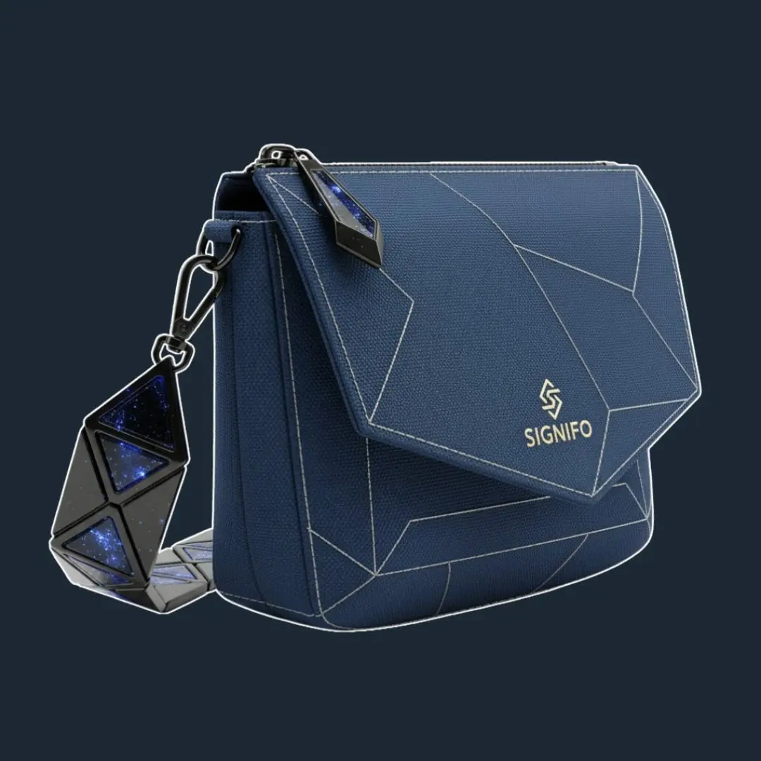 Tas selempang Chandrabha Jaal navy dengan panel geometris berlapis.