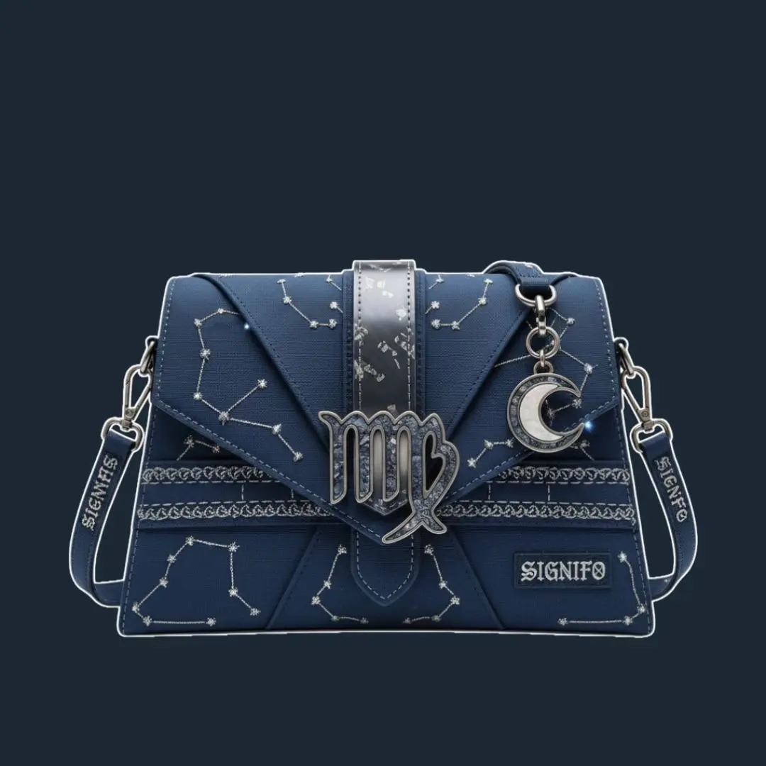 Tas selempang Étoile Cosmique navy dengan sulaman konstelasi emas.