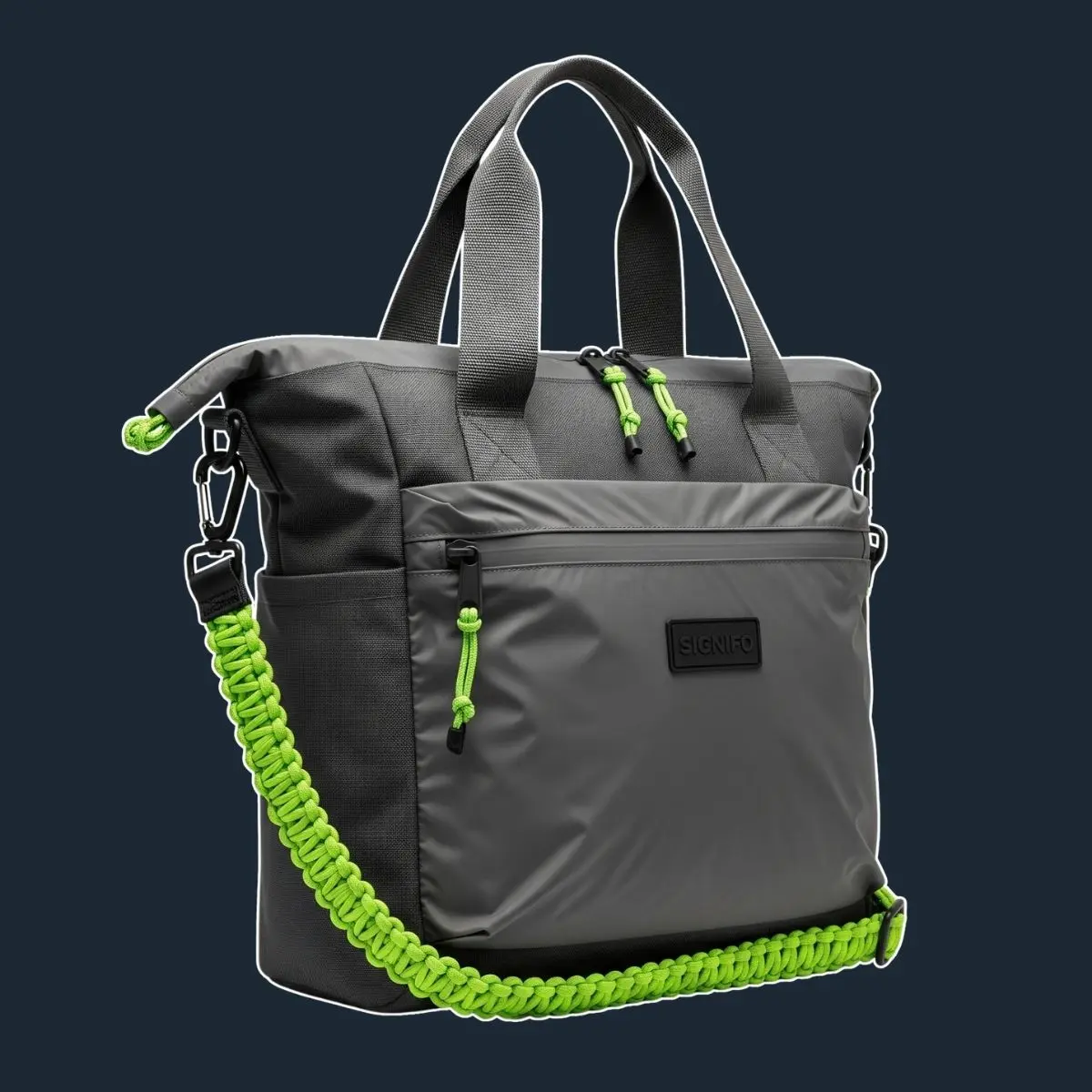 Neon Pop Tote abu arang dengan tali neon mencolok.