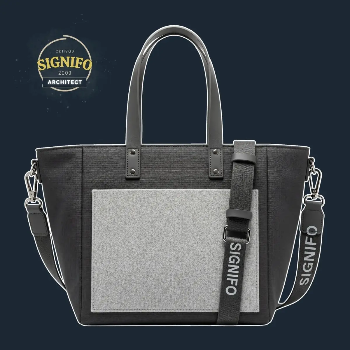 Totebag The Architect Tote abu arang dengan panel geometris.