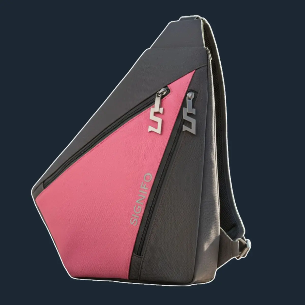 Tas selempang Apollo pink-abu dengan ritsleting huruf S.