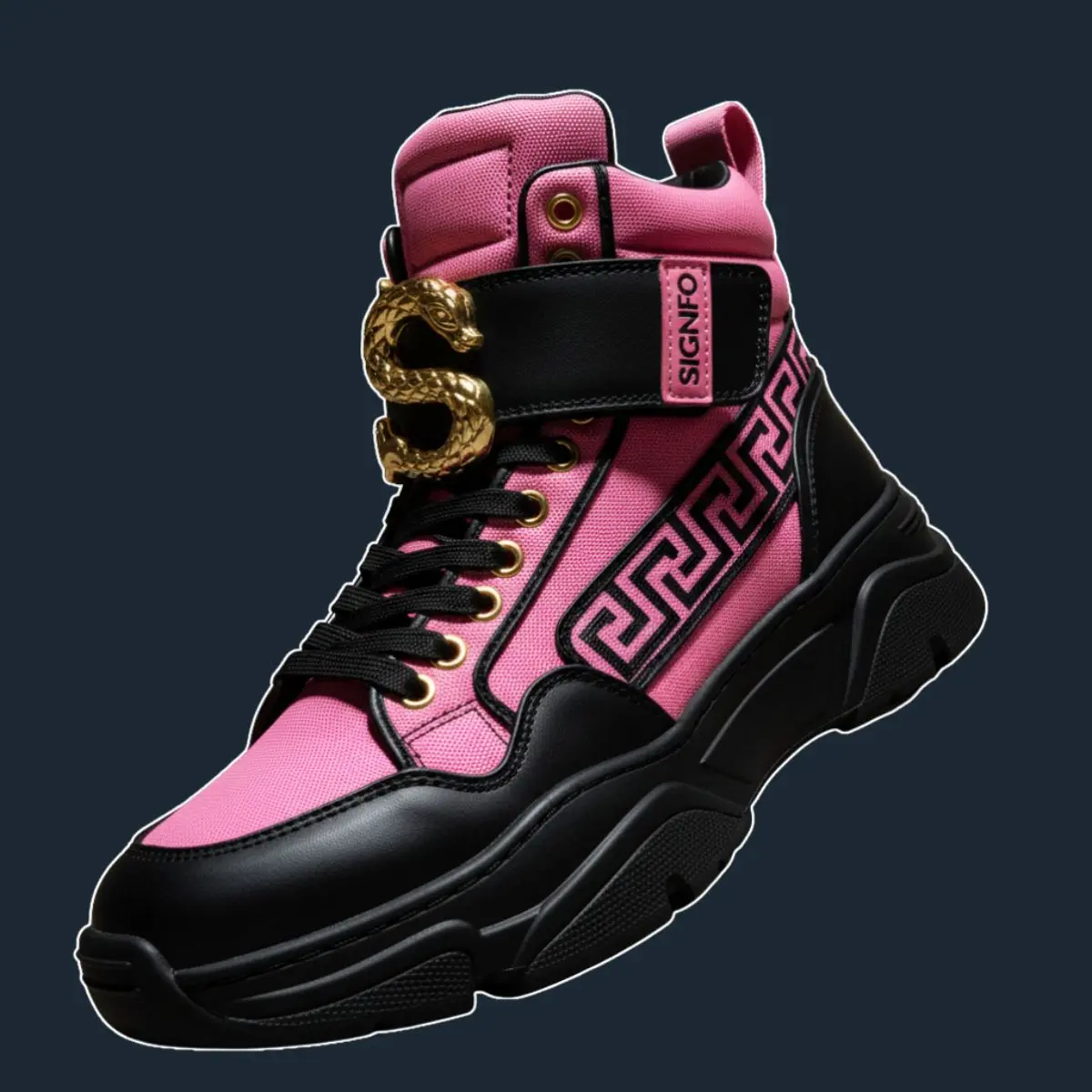 Sepatu high-top Ares pink dengan sol chunky dan detail emas.